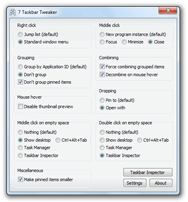 7 Taskbar Tweaker - небольшая бесплатная утилита, позволяющая менять реакцию Панели